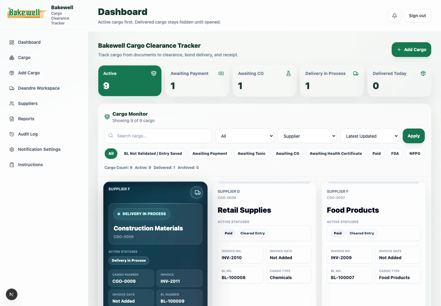 Bakewell cargo clearance dashboard showing shipment status cards on desktop