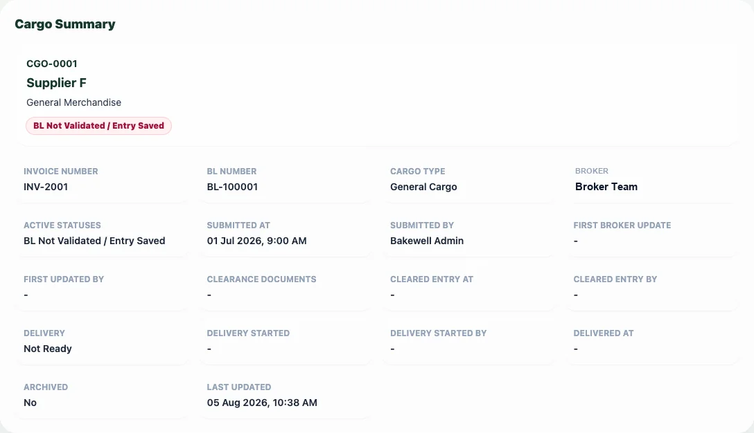 Bakewell cargo record summary showing clearance and delivery status fields