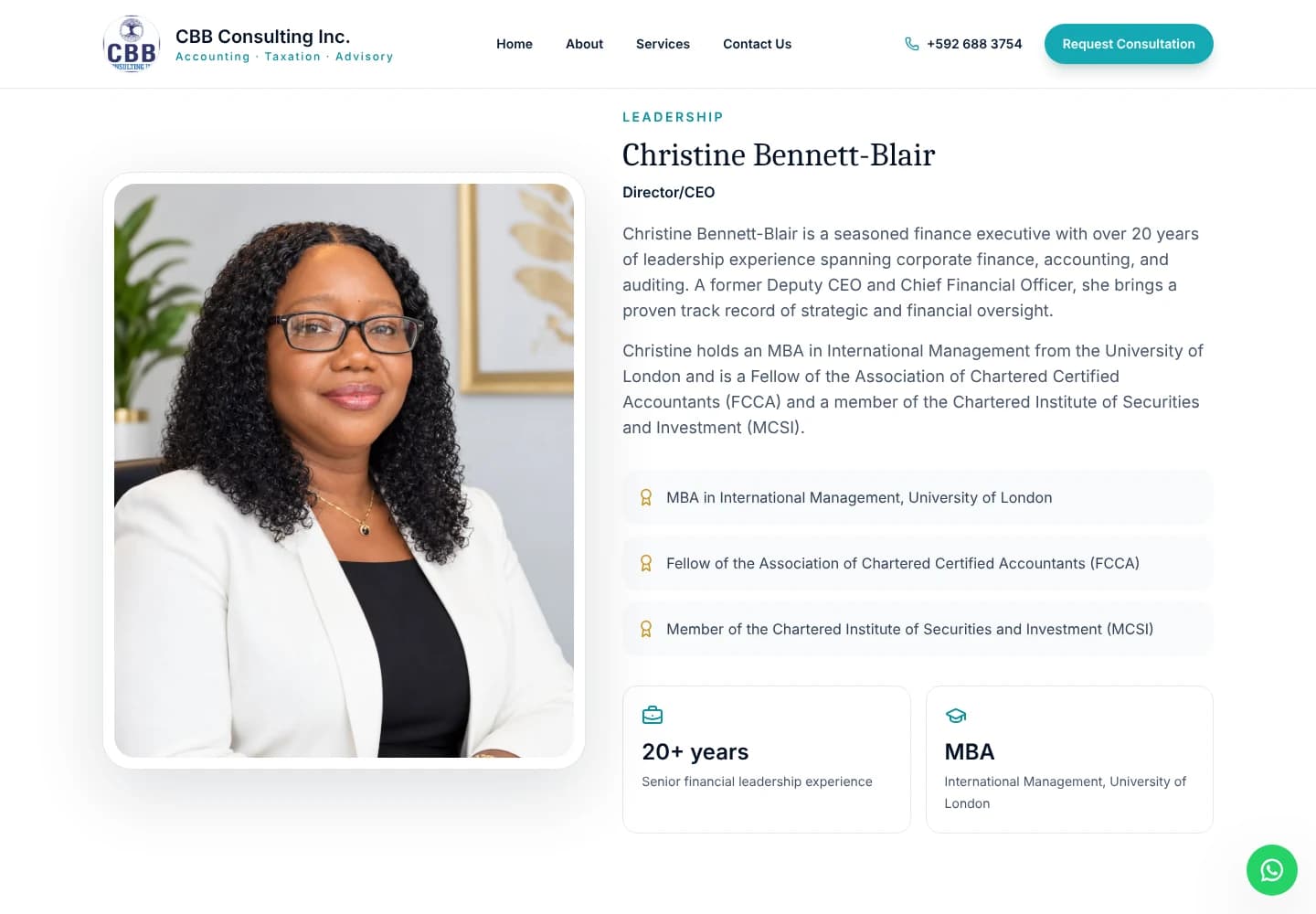 CBB Consulting Inc. About page leadership section with a portrait and profile of the firm's director and CEO