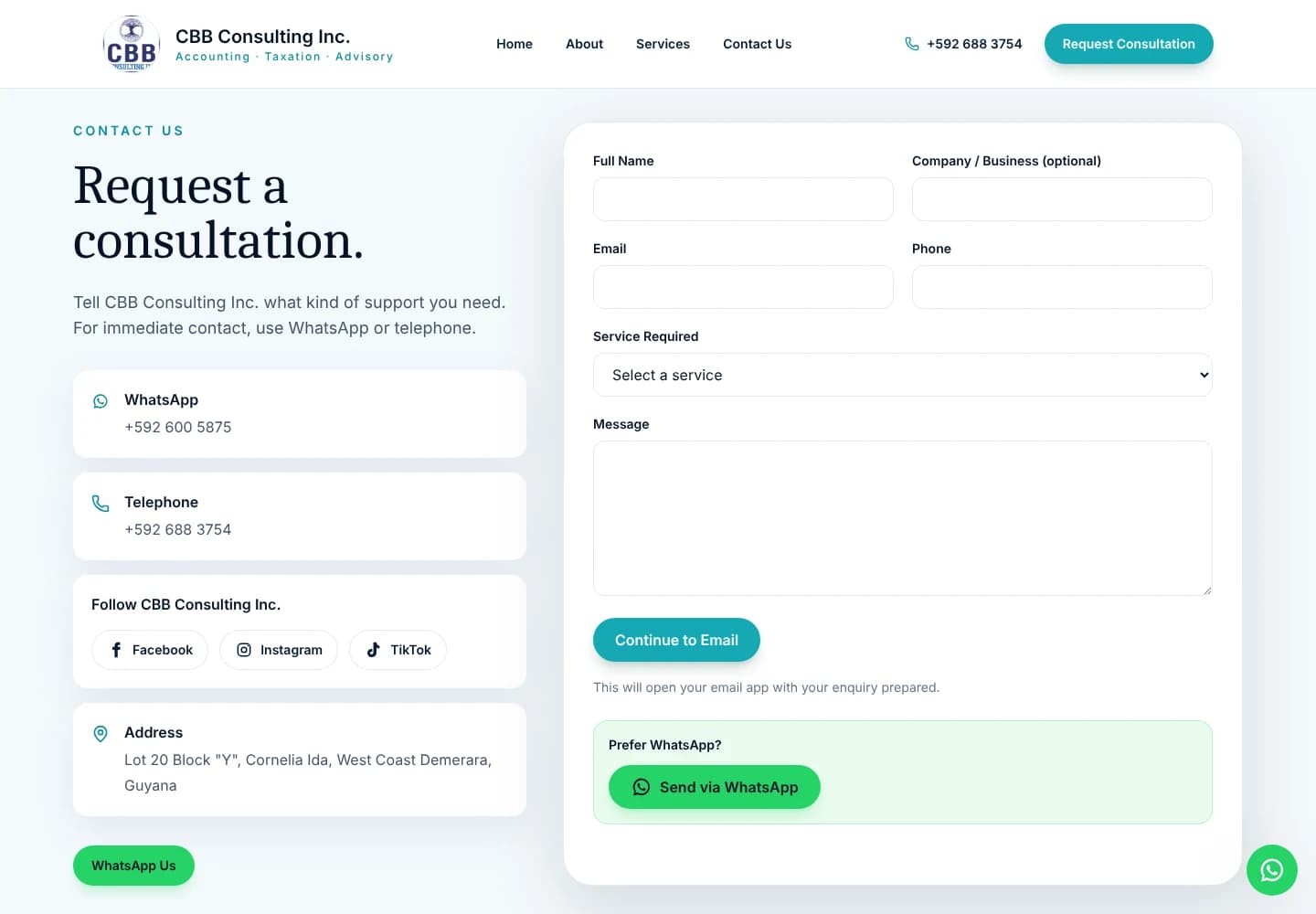 CBB Consulting Inc. contact page with WhatsApp, telephone and social links beside an enquiry form with a Continue to Email button and a Send via WhatsApp option