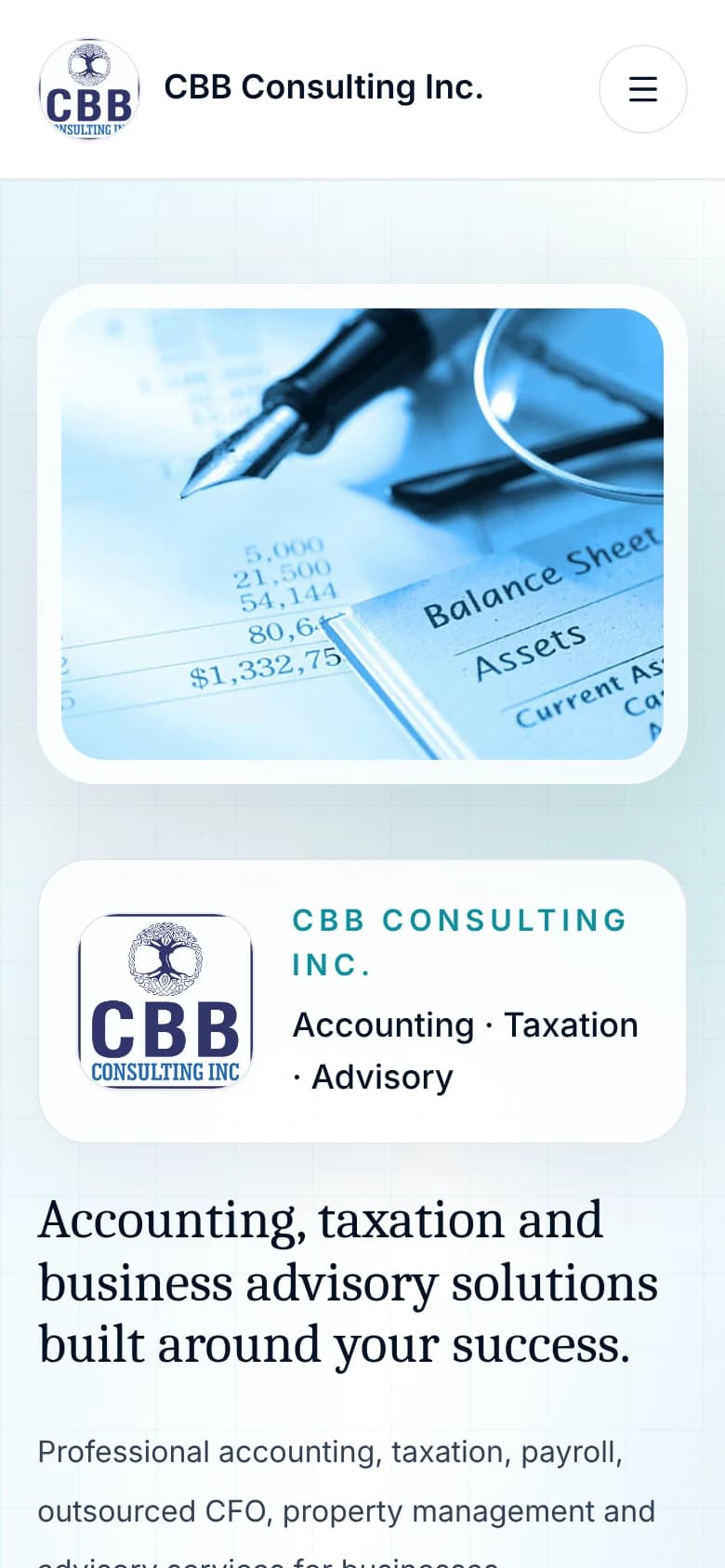CBB Consulting Inc. homepage on a mobile screen with a balance sheet photo, the company logo and the headline Accounting, taxation and business advisory solutions
