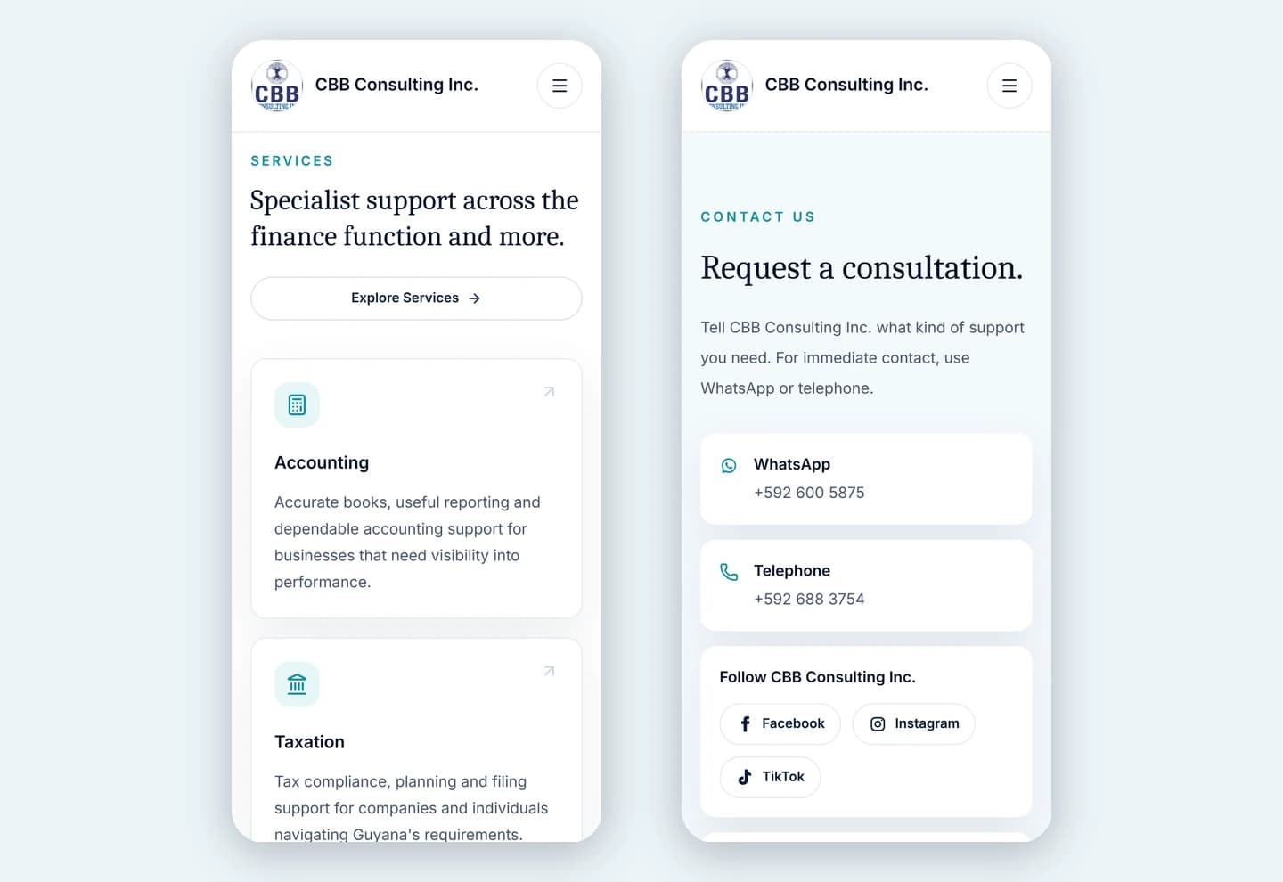 CBB Consulting Inc. on mobile, showing the services section and the contact page with WhatsApp, telephone, Facebook, Instagram and TikTok links