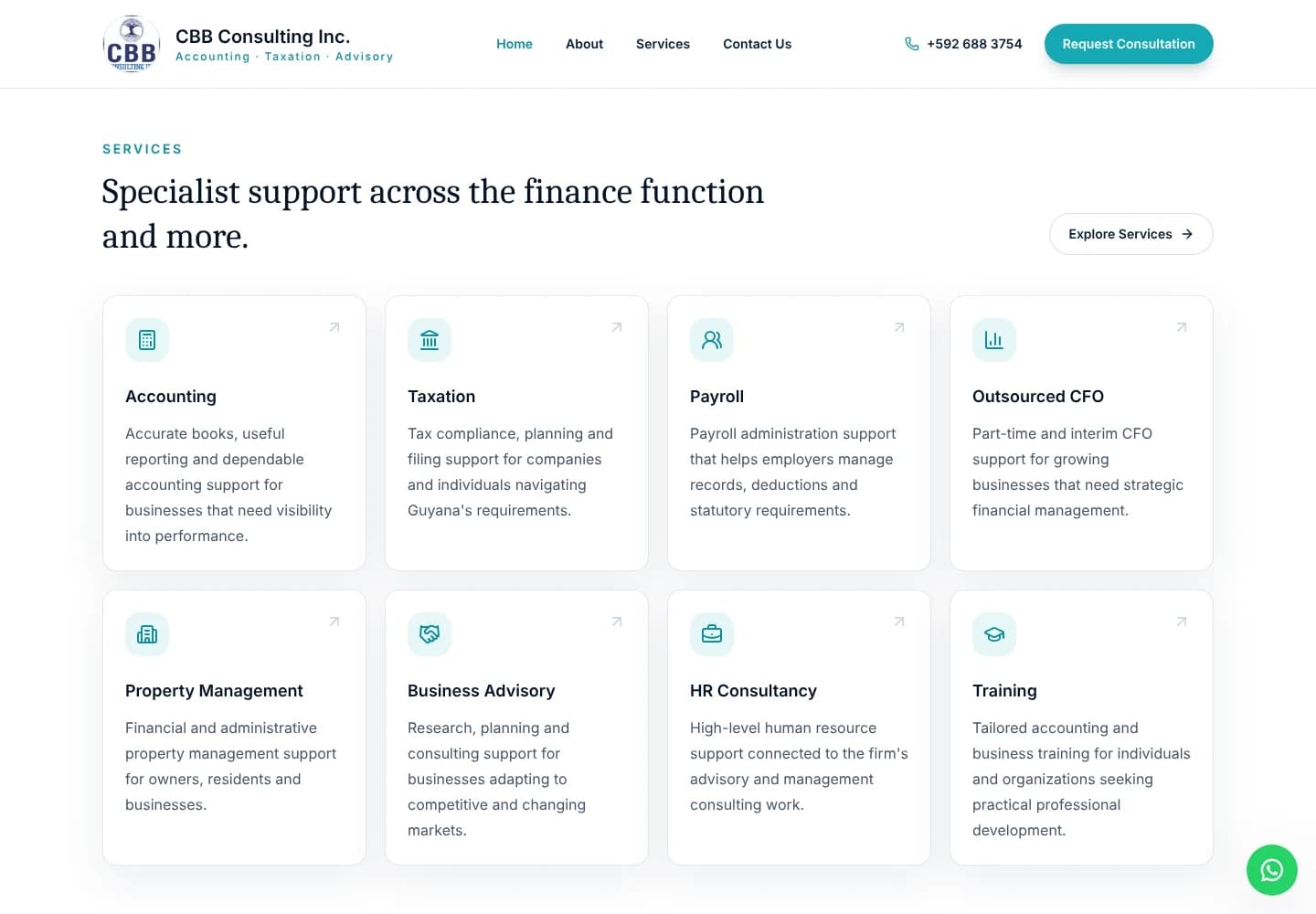 CBB Consulting Inc. services section with eight service cards: accounting, taxation, payroll, outsourced CFO, property management, business advisory, HR consultancy and training