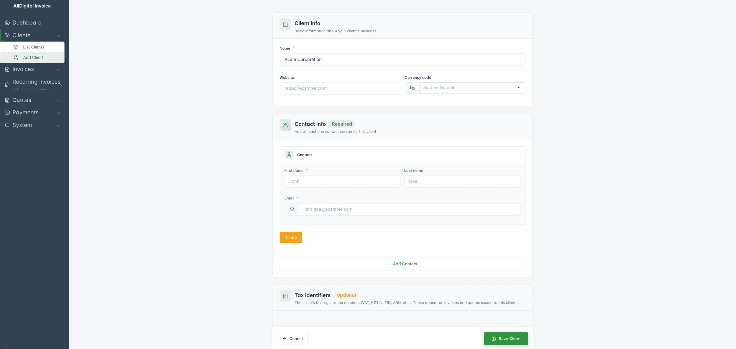 Client management screen in AllDigital Invoice by AllDigital GY