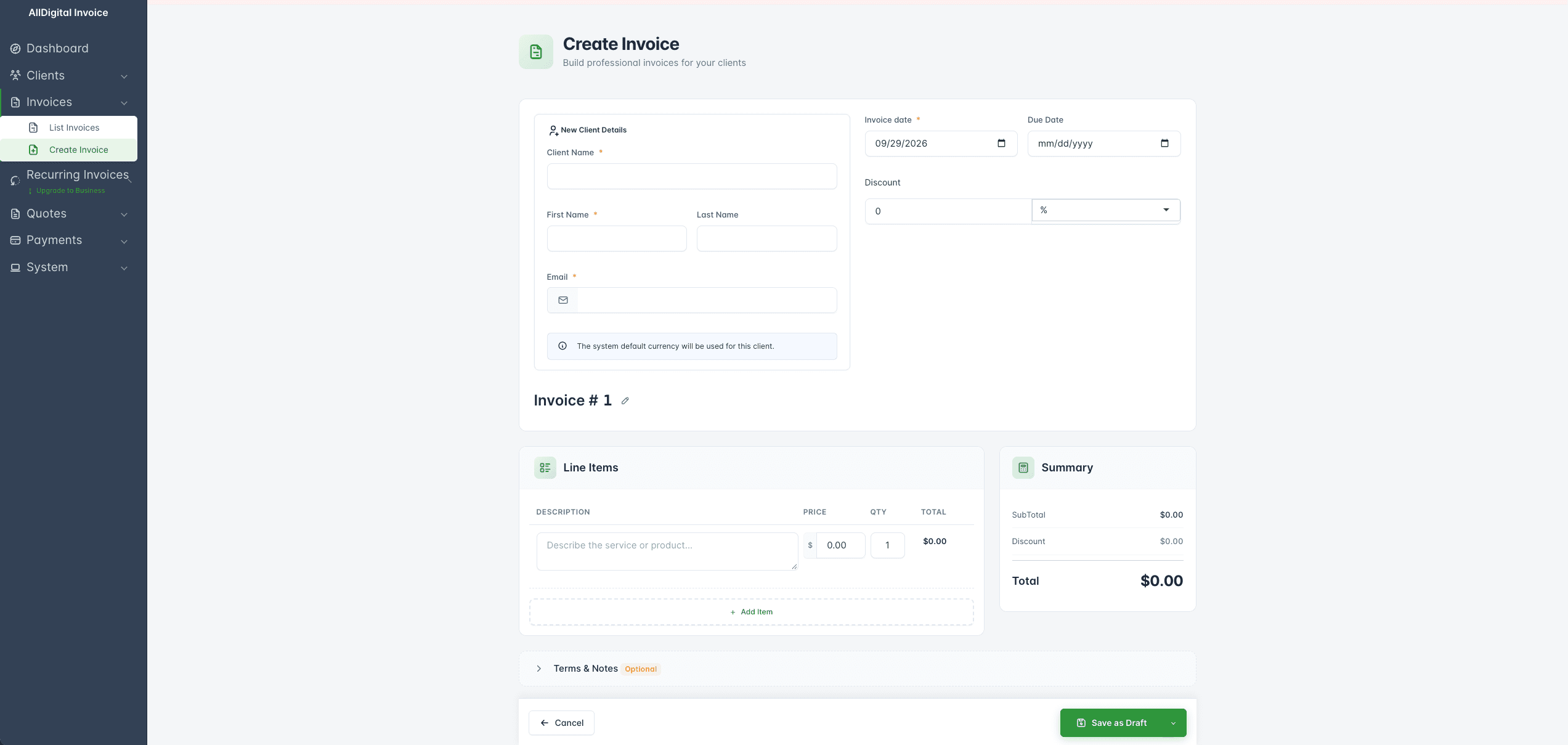 Invoice creation screen in AllDigital Invoice