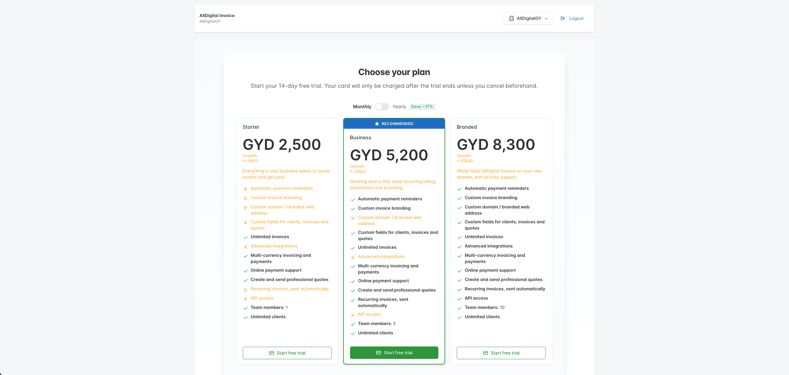 Subscription and billing plans in AllDigital Invoice