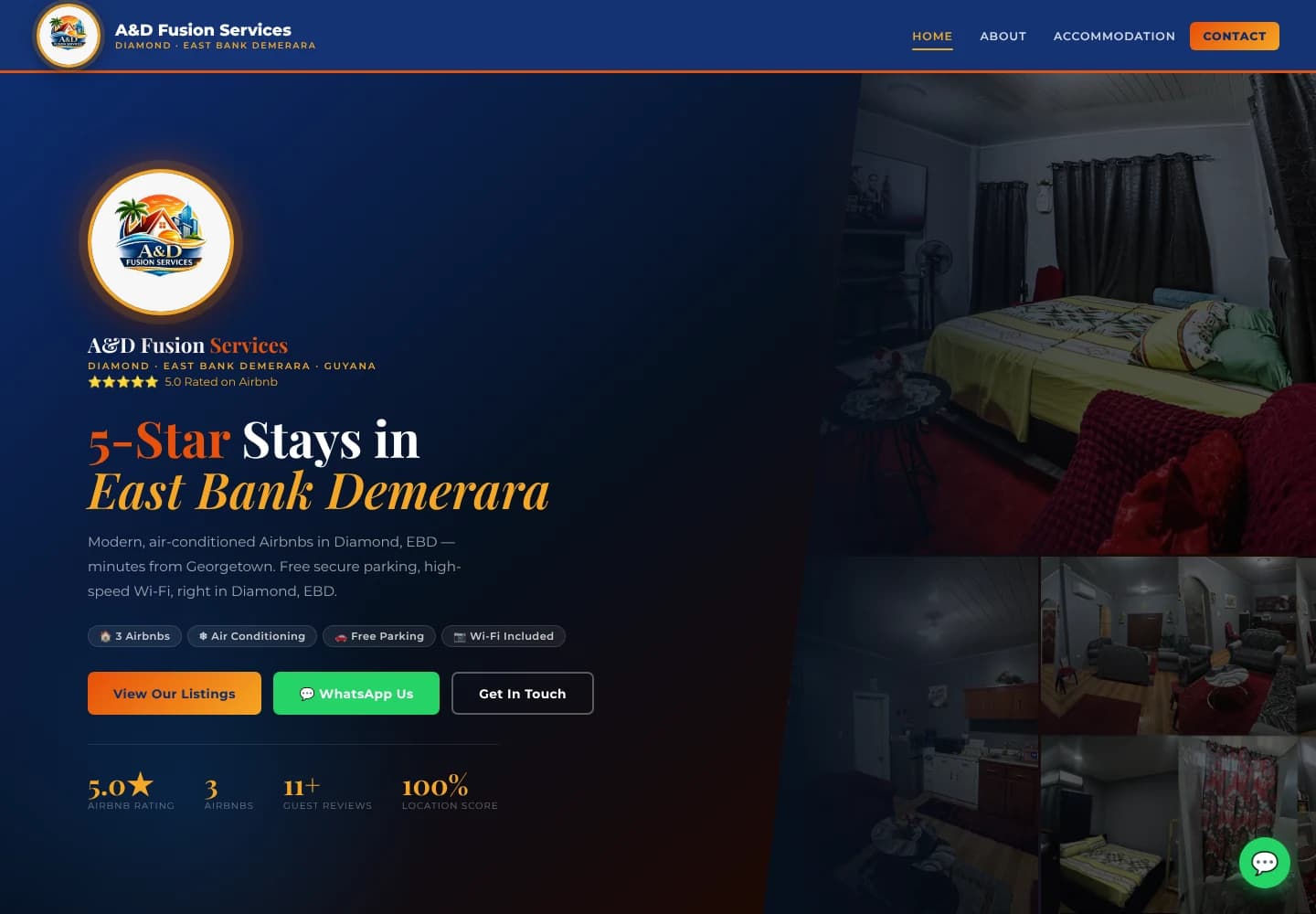 A&D Fusion Services homepage on desktop with navigation, headline and booking buttons