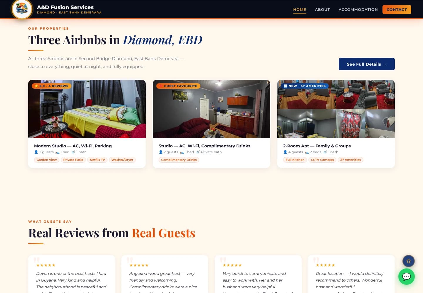 A&D Fusion Services listings section showing three Airbnb accommodation cards