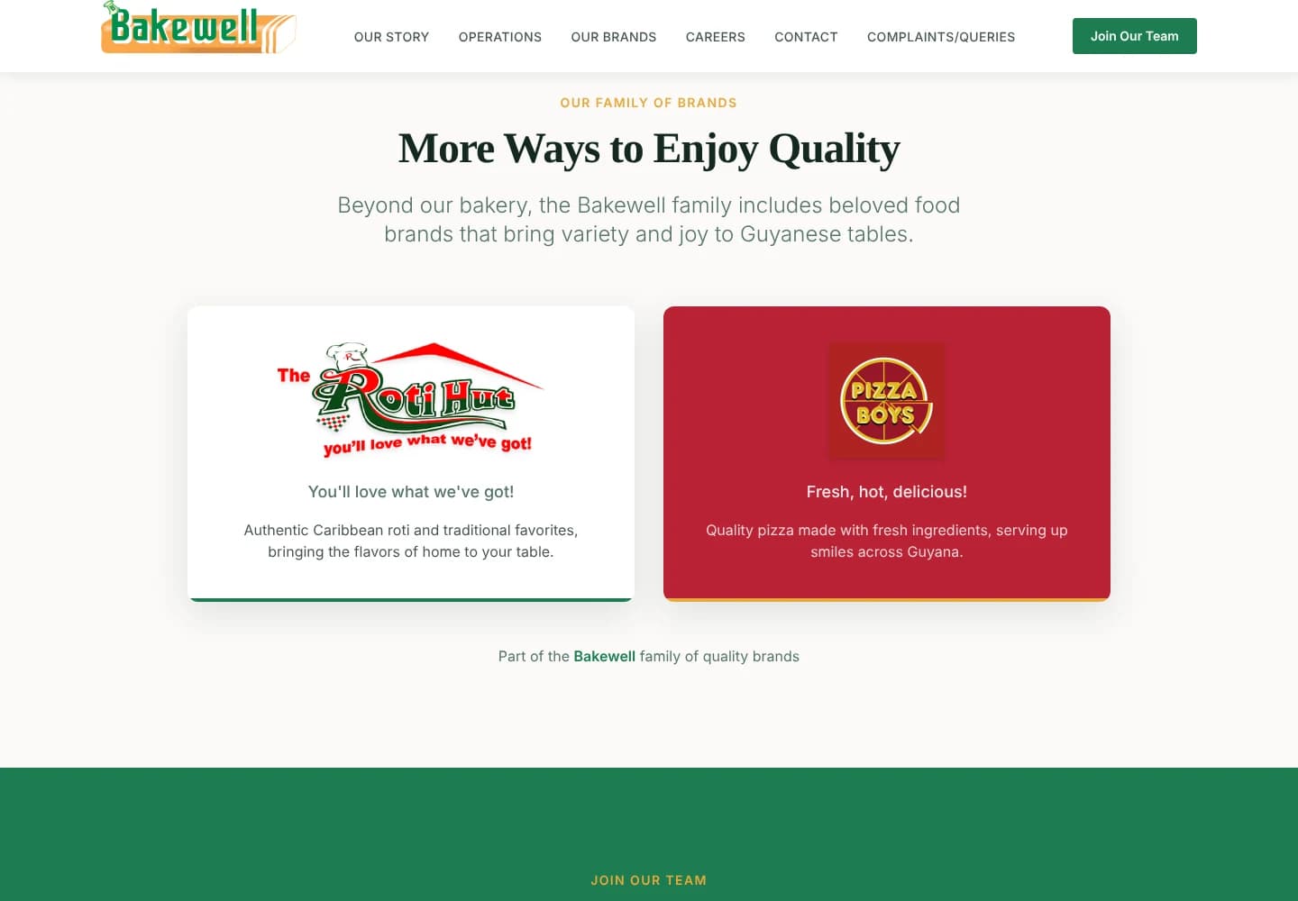 Bakewell Guyana family of brands section with cards for The Roti Hut and Pizza Boys