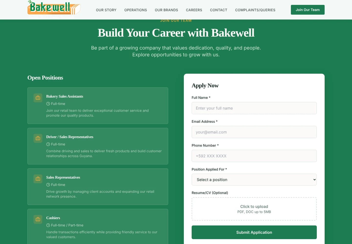 Bakewell Guyana careers section listing open positions beside an Apply Now form