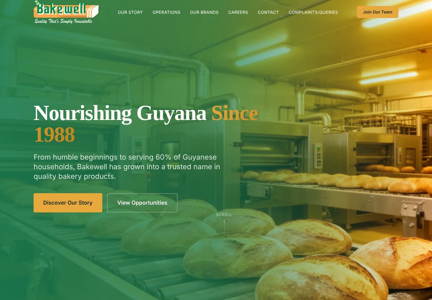 Bakewell Guyana homepage on desktop with the section navigation, Join Our Team button and Discover Our Story call to action