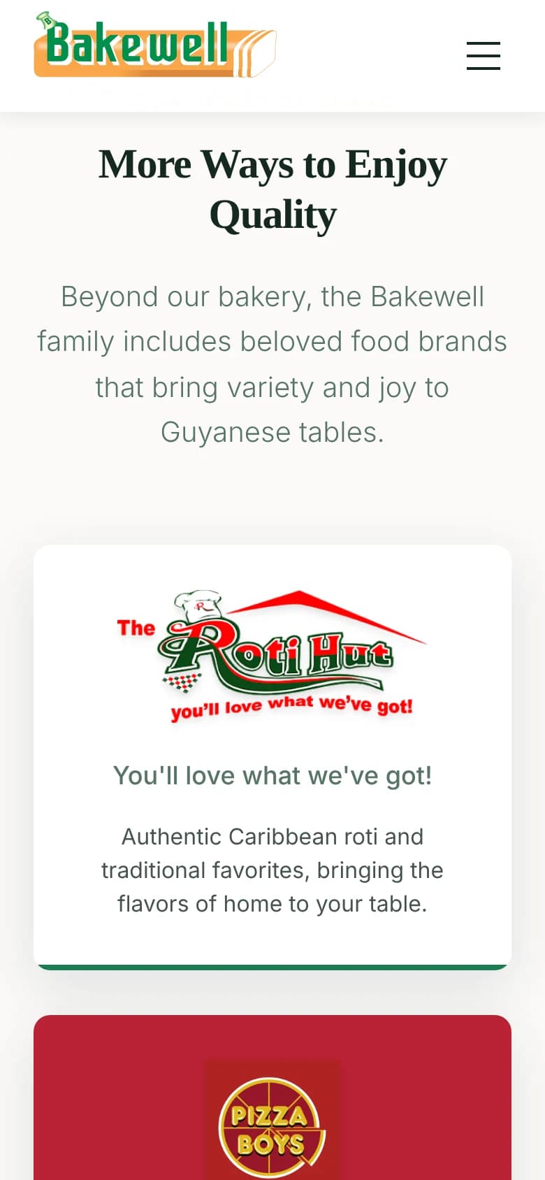 Bakewell Guyana on a mobile screen showing the menu button and the More Ways to Enjoy Quality section with The Roti Hut brand card