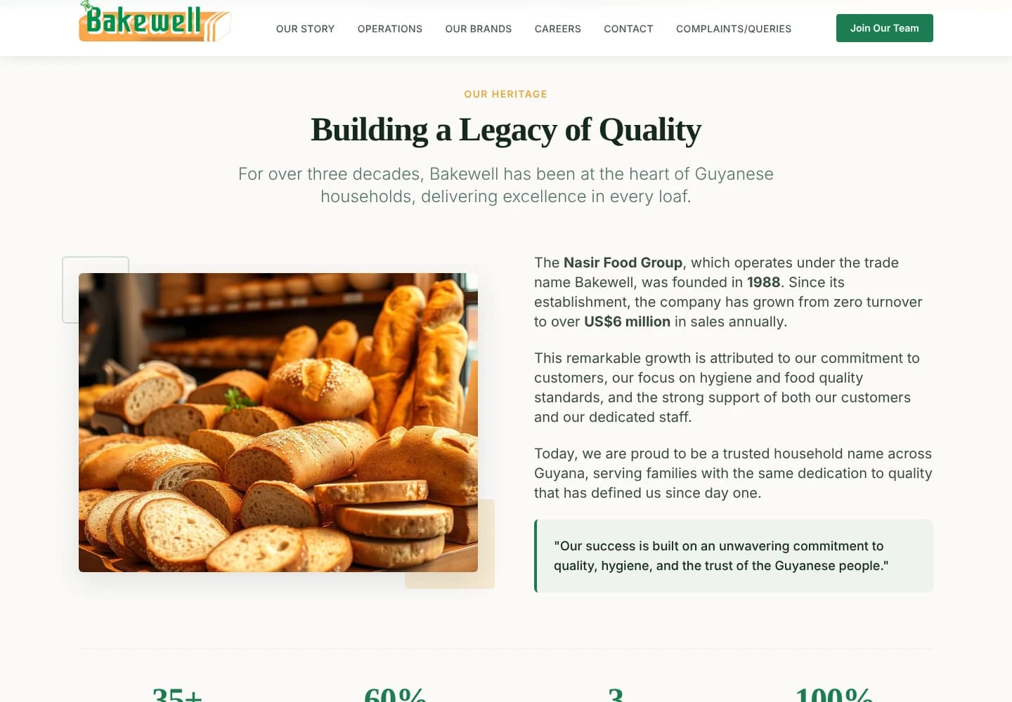 Bakewell Guyana heritage section Building a Legacy of Quality with a photo of fresh breads and a company story