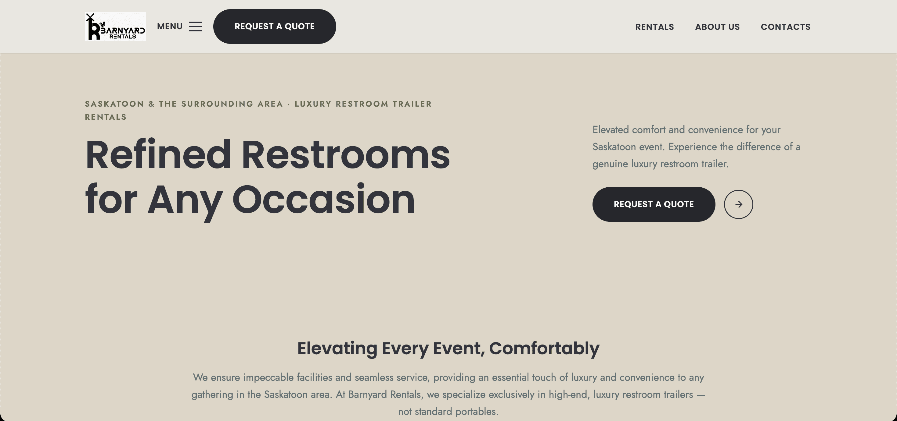 Barnyard Rentals luxury restroom trailer rental website homepage screenshot