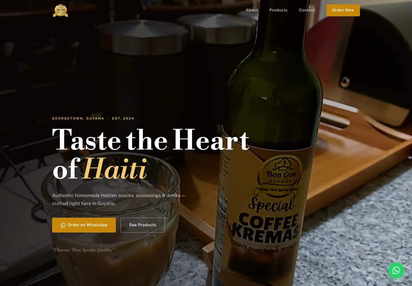 Bon Gou Guyana homepage on desktop with navigation and hero