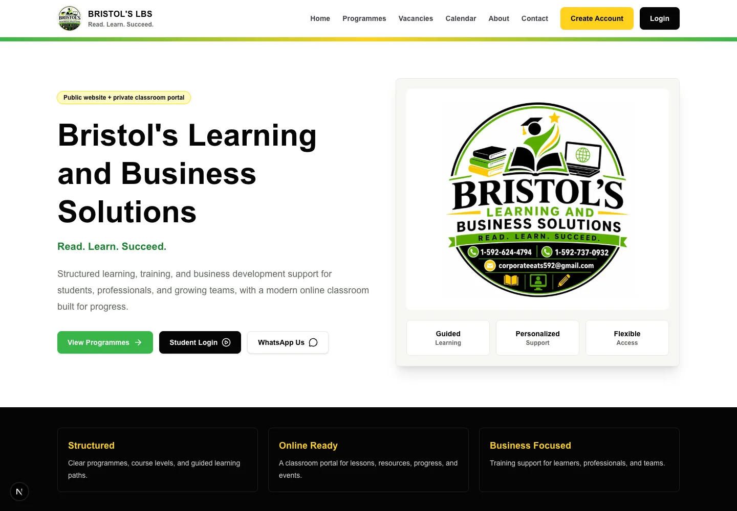 Bristol's Learning and Business Solutions — Learning Platform — desktop homepage screenshot