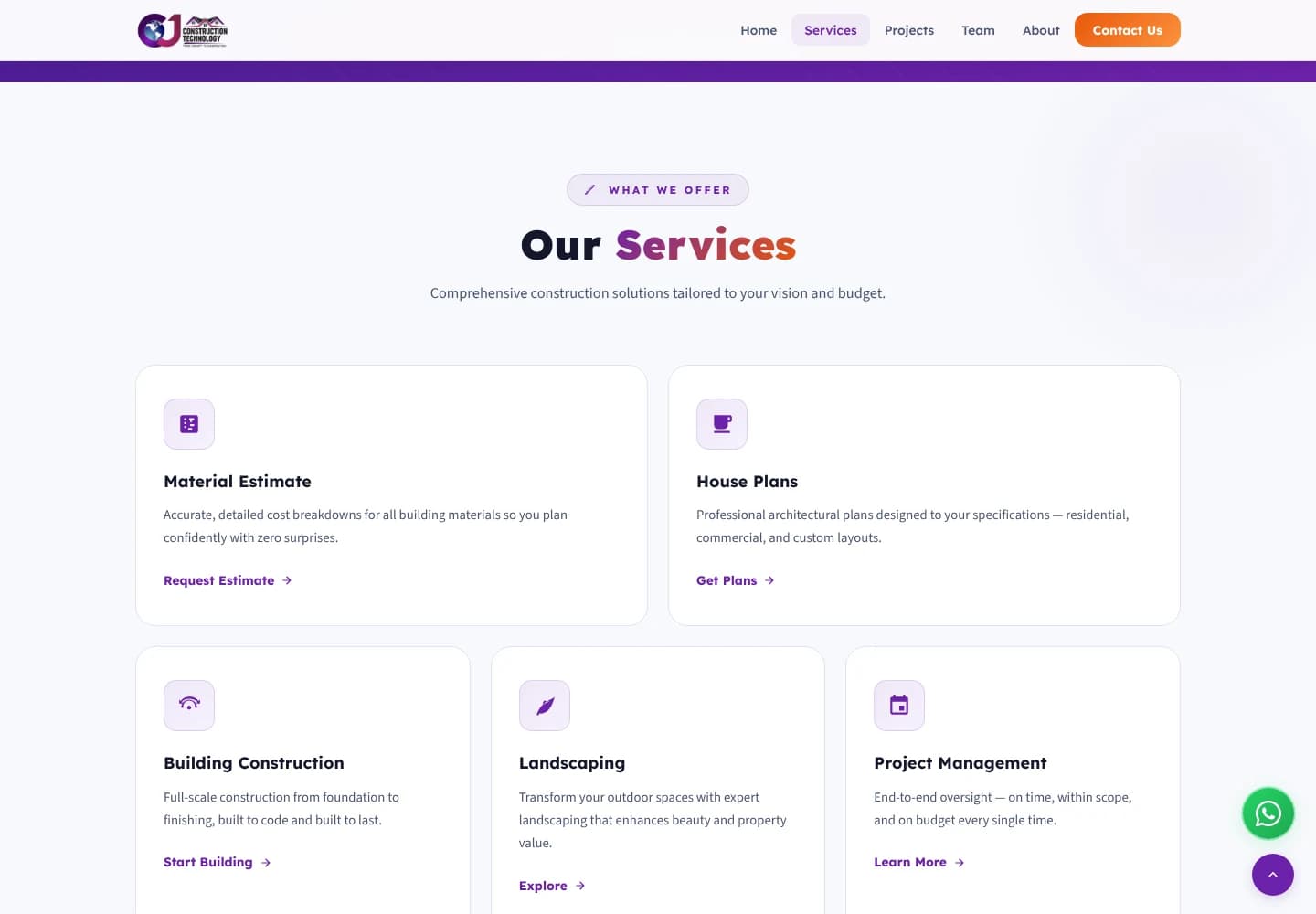 CJ Construction Technology services section on desktop
