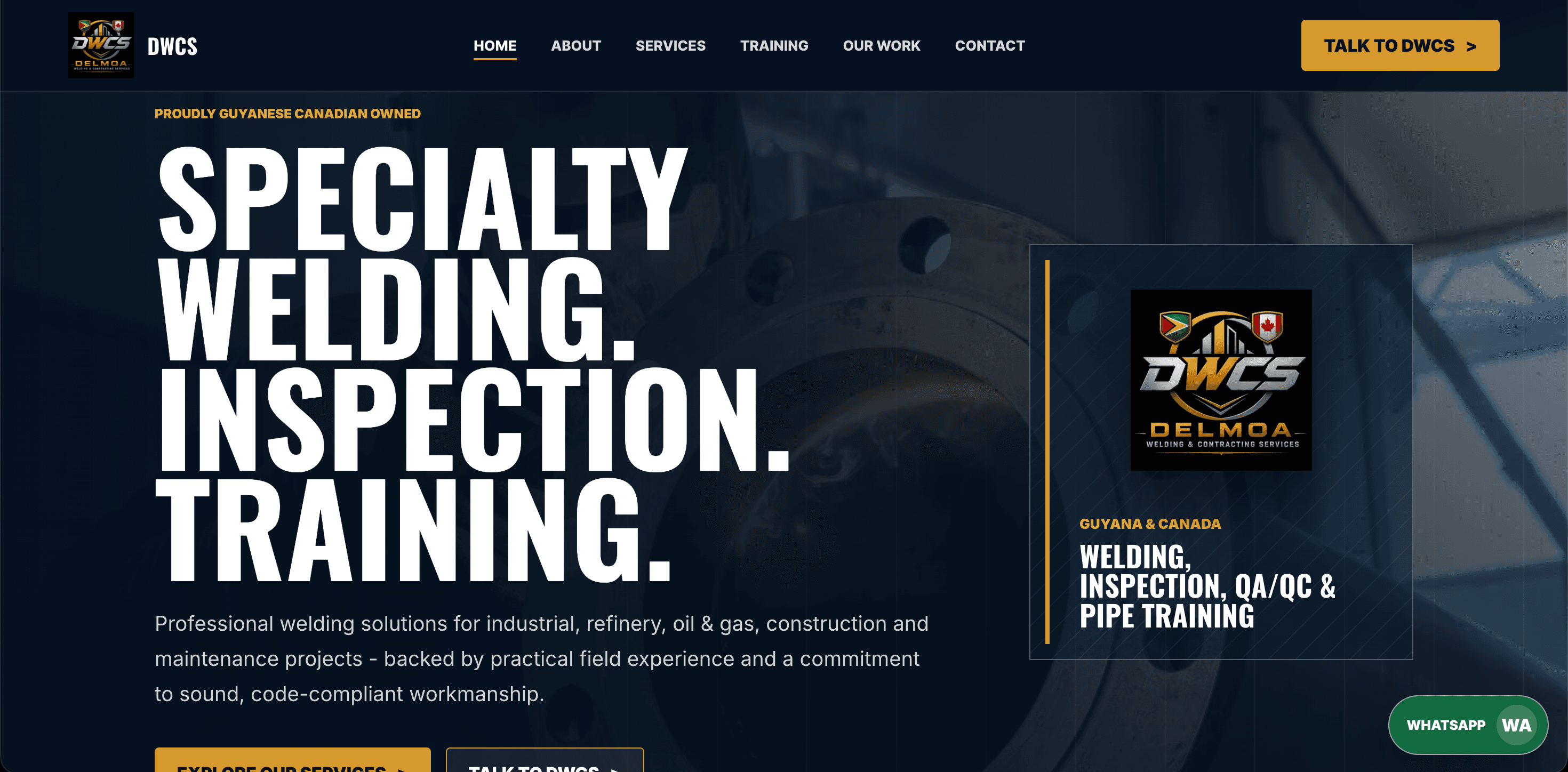 Delmoa Welding and Contracting Services desktop homepage showing welding inspection and training hero