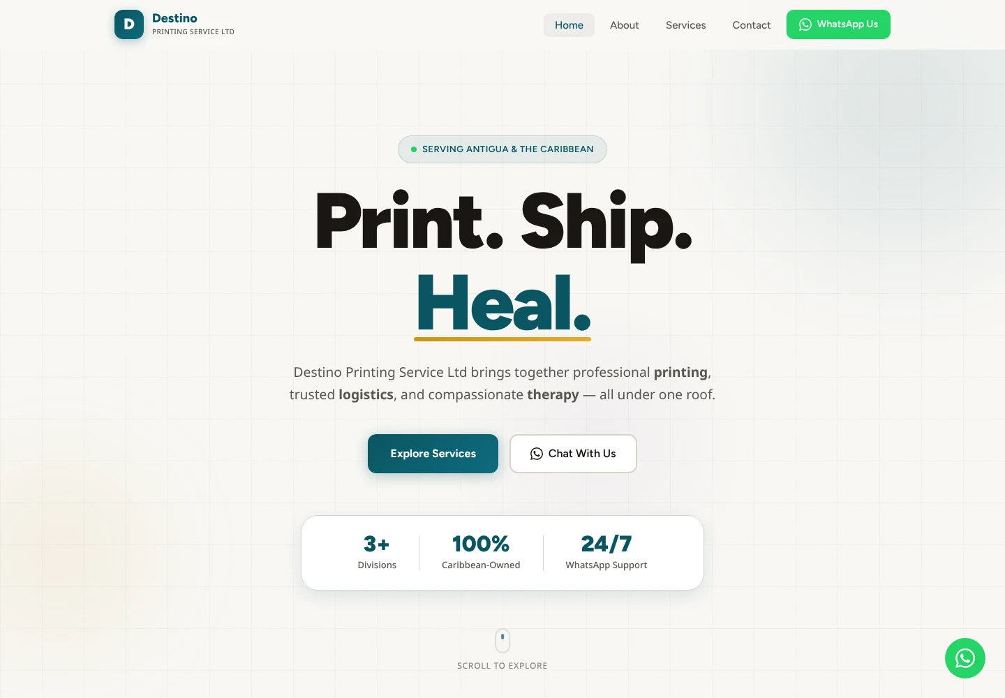 Destino Printing Service homepage on desktop
