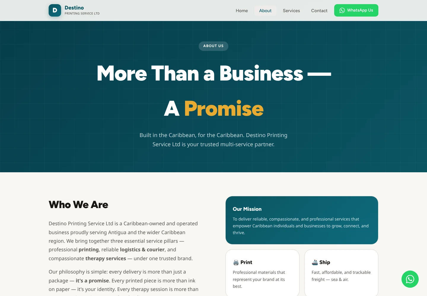 Destino Printing Service about page headed More Than a Business, A Promise