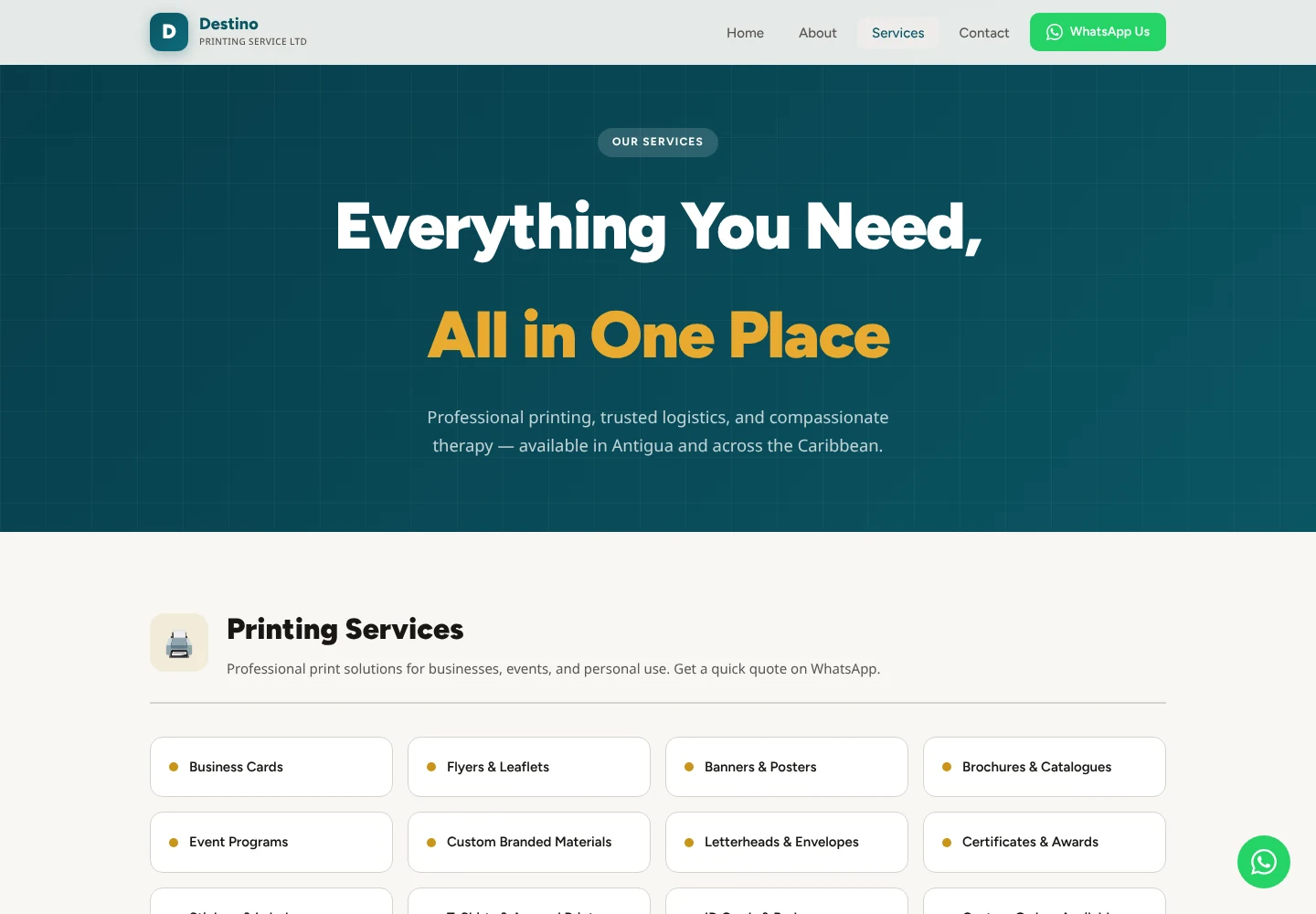 Destino Printing Service services page with a printing services list