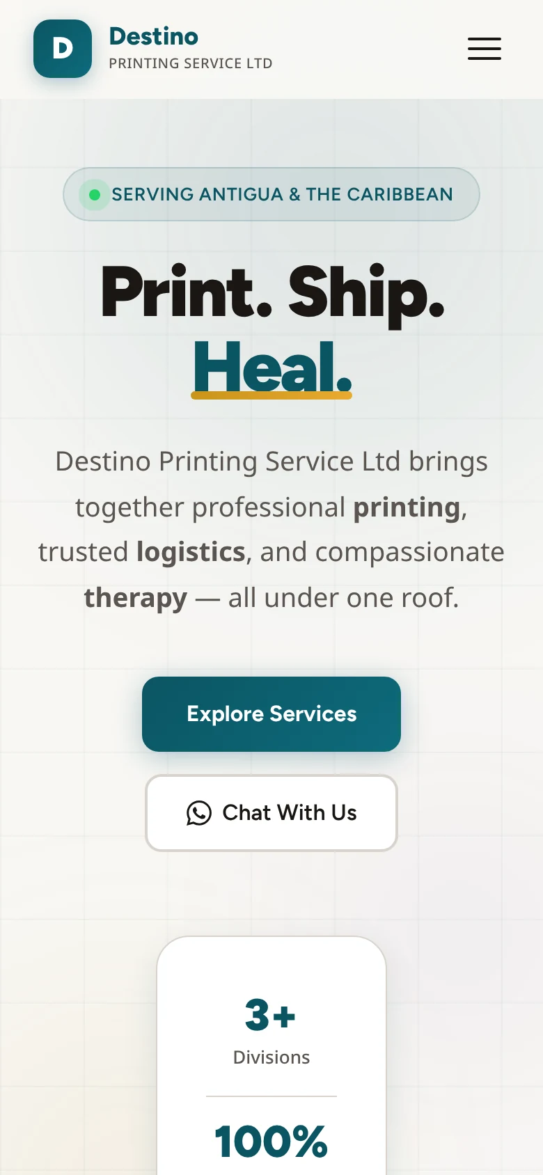 Destino Printing Service homepage on a mobile screen