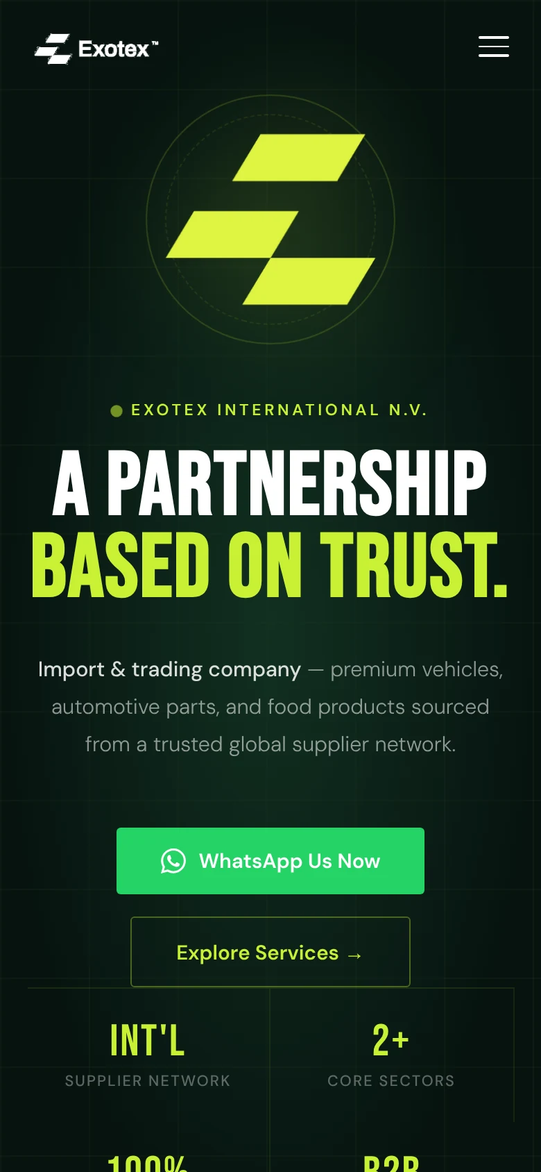 EXOTEX International homepage on a mobile screen