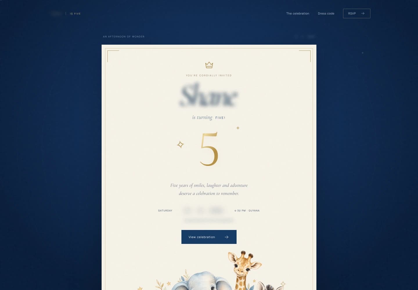 Opened birthday invitation on desktop: a cream card with a large italic name, a gold numeral five, the date, time and venue, and a View celebration button over a royal blue background