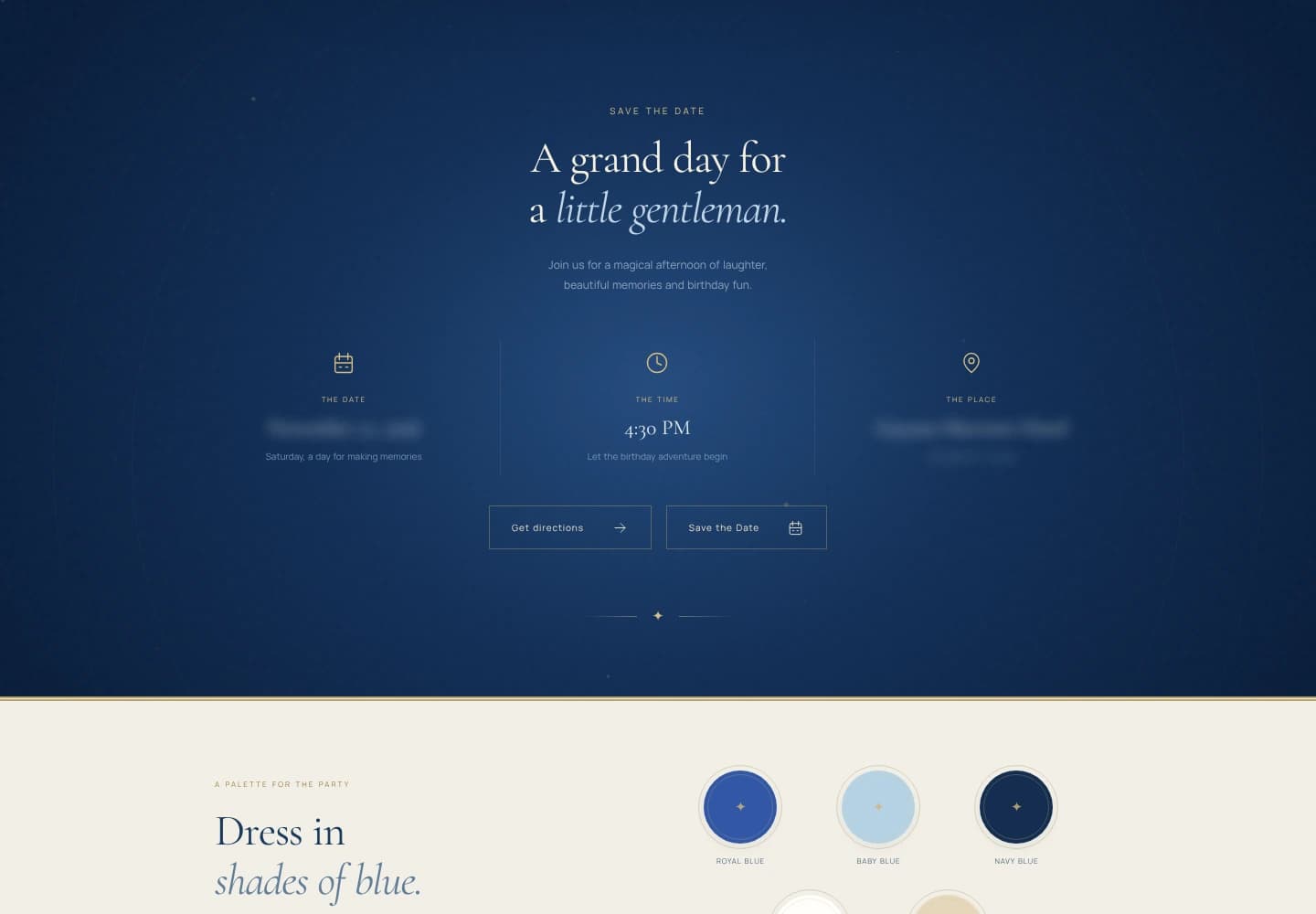 Celebration details section of the birthday invitation with date, time and place columns and Get directions and Save the Date buttons on a royal blue background