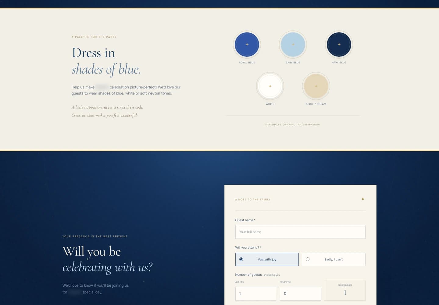 Dress-code section of the birthday invitation showing a palette of royal blue, baby blue, navy, white and beige circles on a cream background