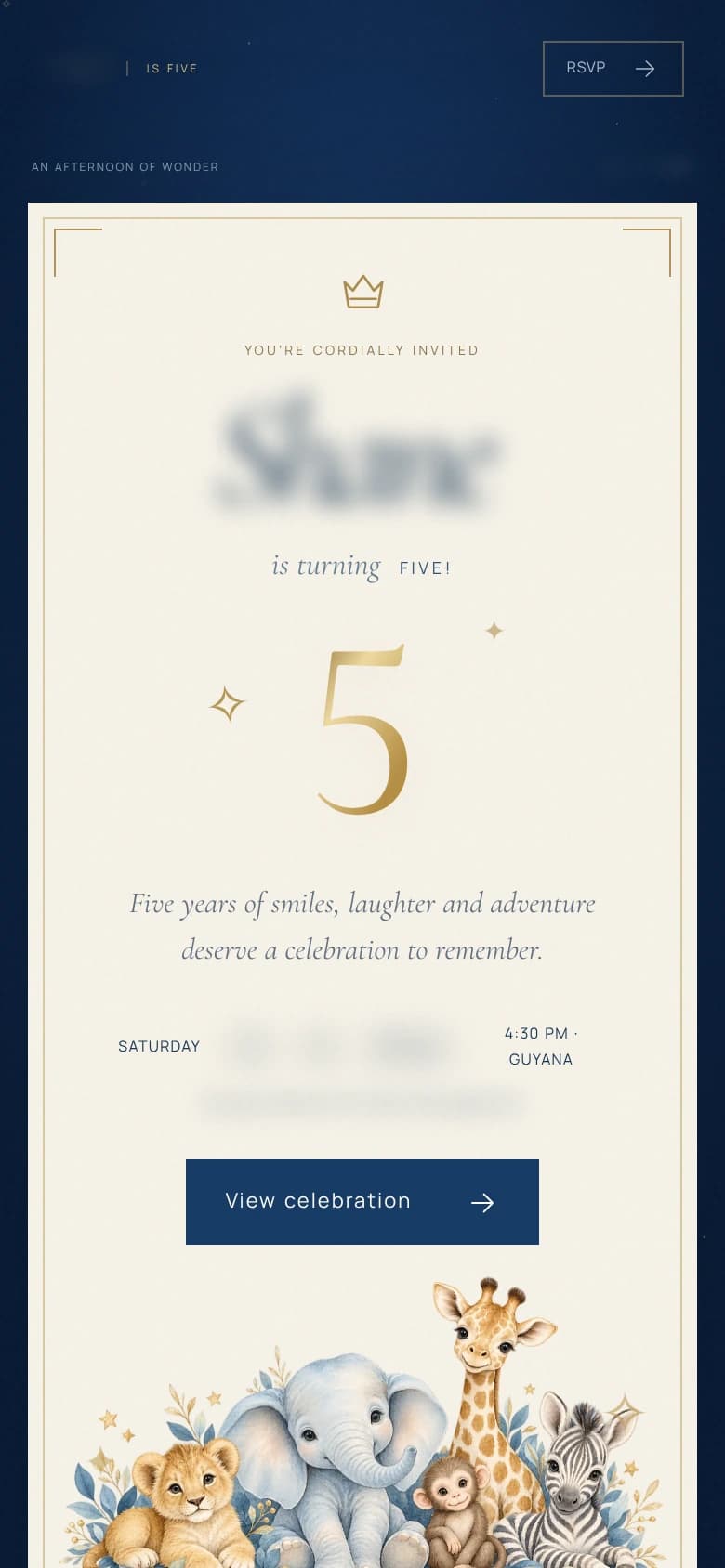 Interactive birthday invitation on a mobile screen showing the cream invitation card, the celebration details and watercolor-style safari animals at the bottom