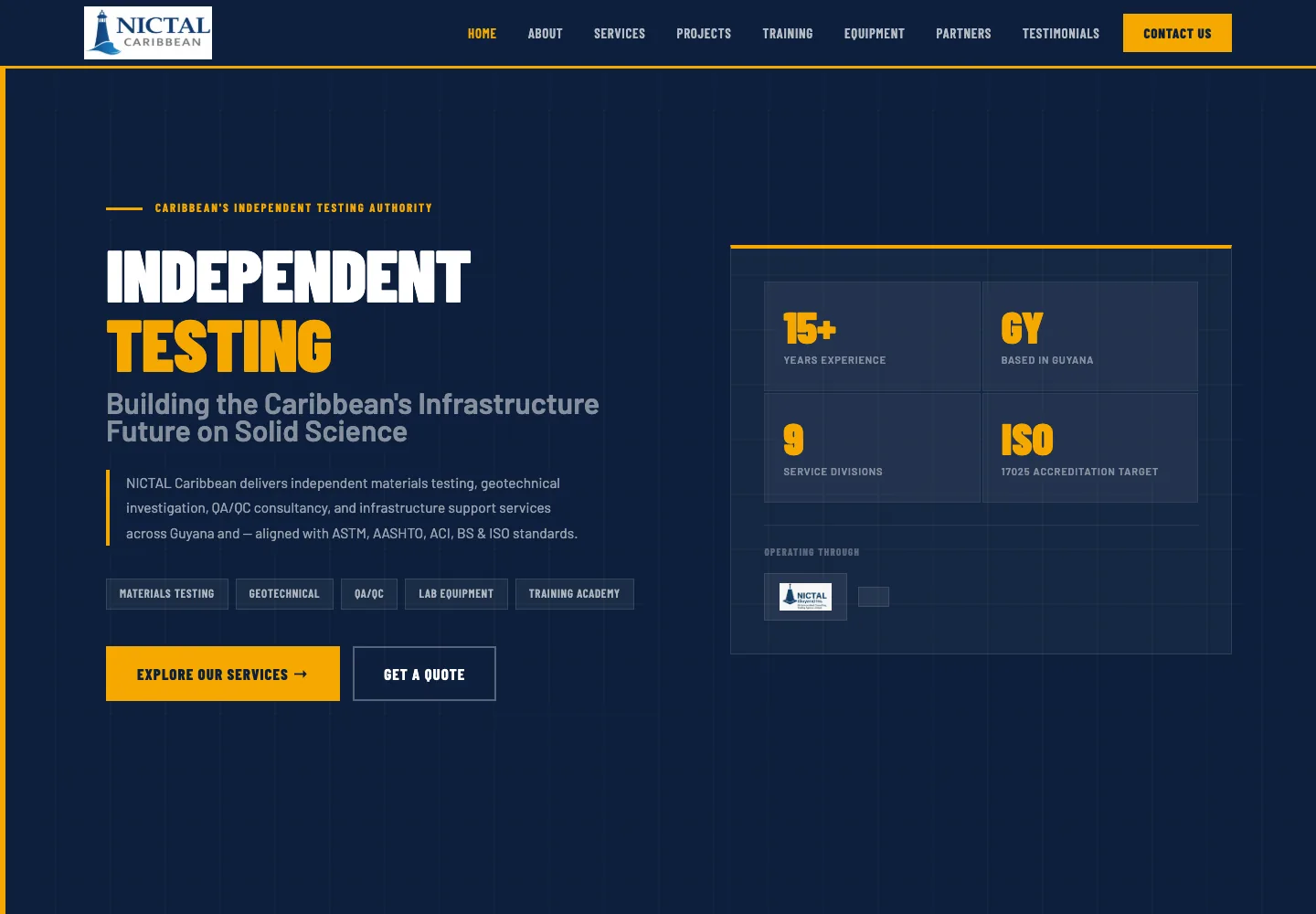 NICTAL Caribbean — Materials Testing & Training Website — desktop homepage screenshot