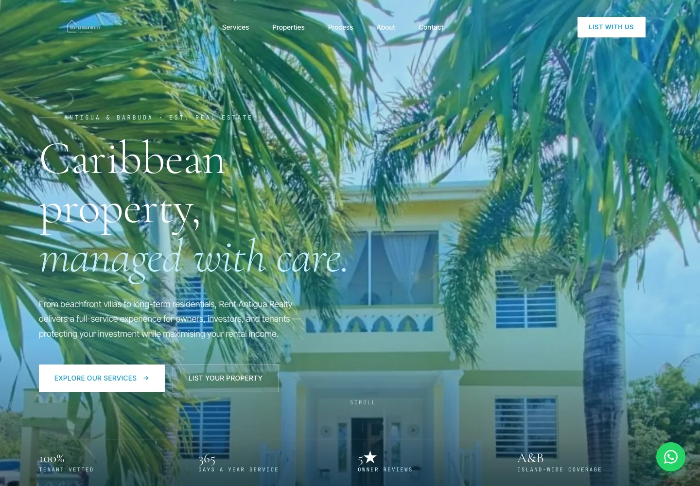 Rent Antigua Realty — Caribbean Real Estate Website — desktop homepage screenshot