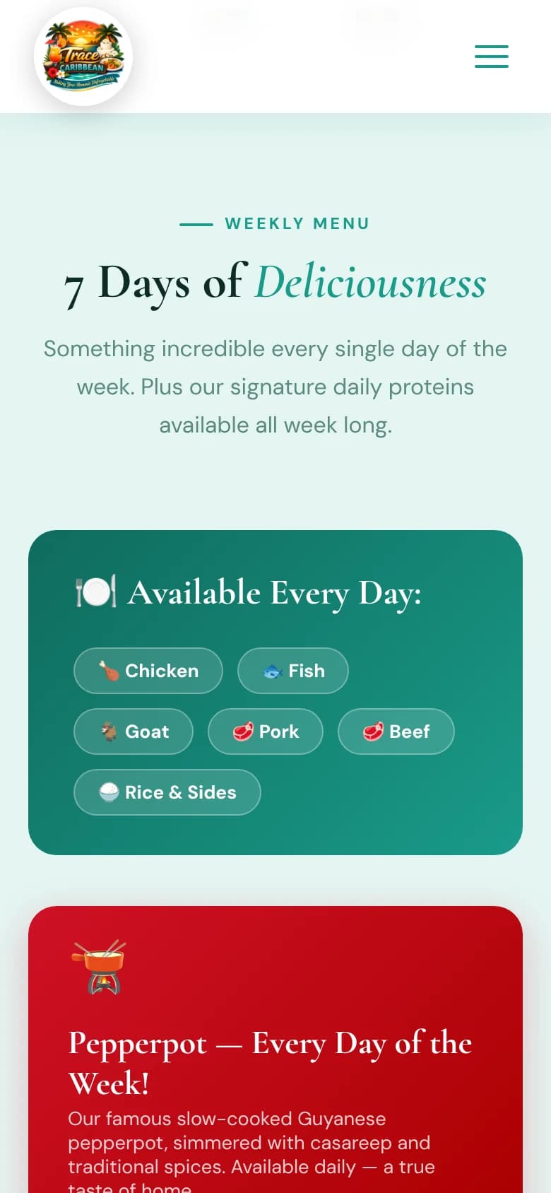 Trace Caribbean weekly menu on a mobile screen