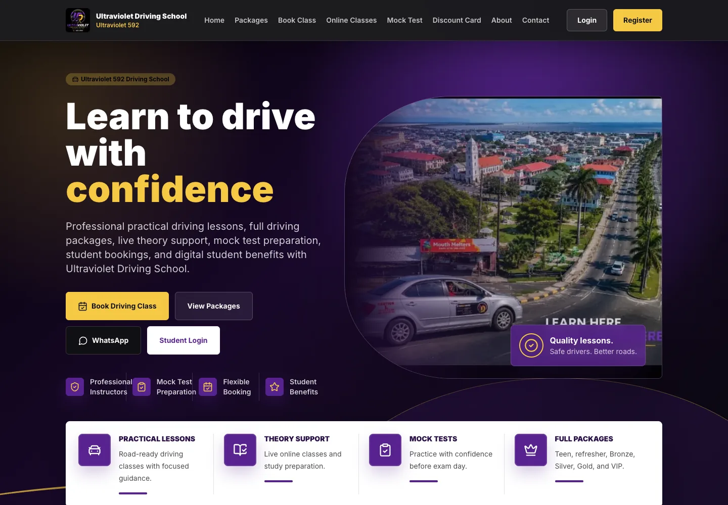 Ultraviolet Driving School — Booking & Student Portal — desktop homepage screenshot