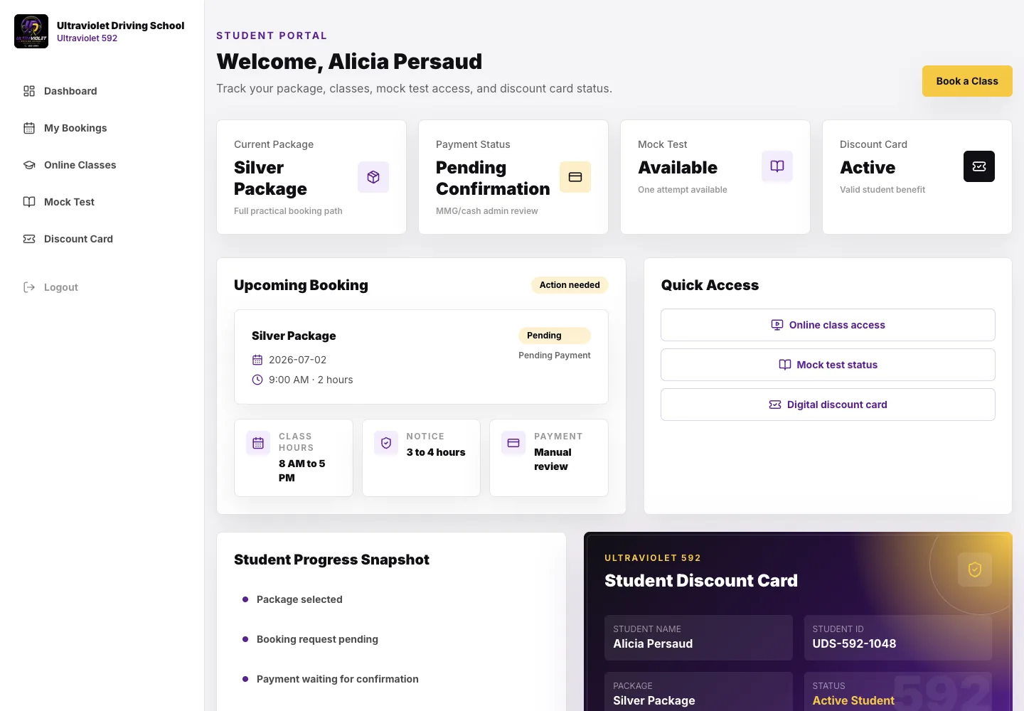 Ultraviolet Driving School — Booking & Student Portal — additional page screenshot